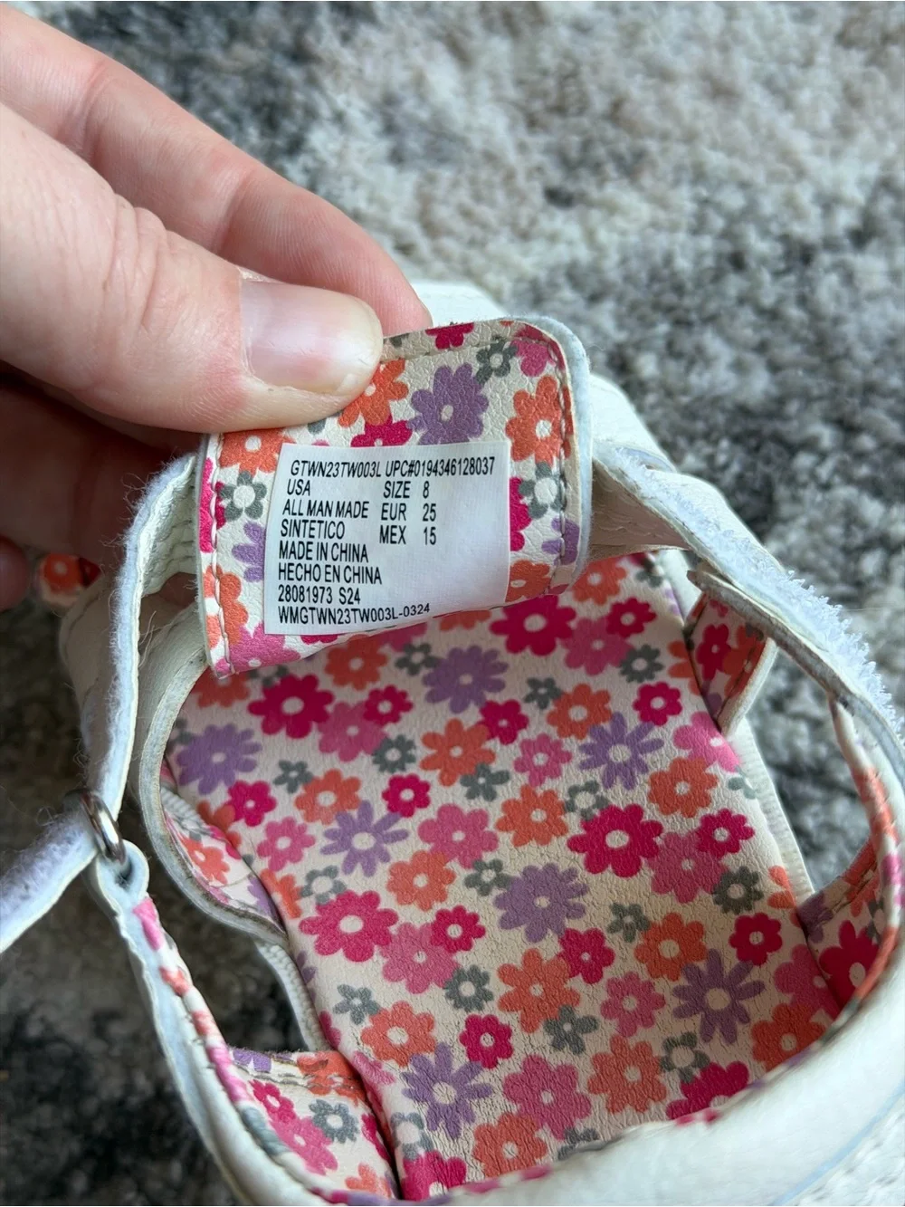 Toddler White Sandals with Pink Floral Lining - Velcro Closure size 8